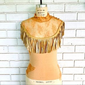 Haley Bob Paris LA Fringe Suede Lace Tan Cotton Pioneer Cowgirl Top Size Small